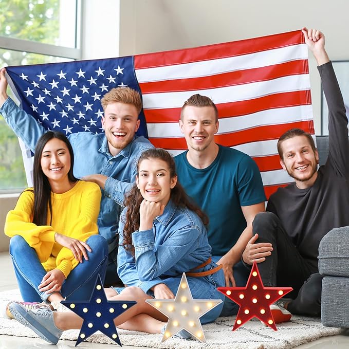 Tujoe 3 Pcs 4th of July Star Shaped Lights LED Independence Day Signs Red White and Blue Patriotic Star Centerpieces for Tables Indoor Outdoor 250th Independence Day Party Decorations(Glitter)