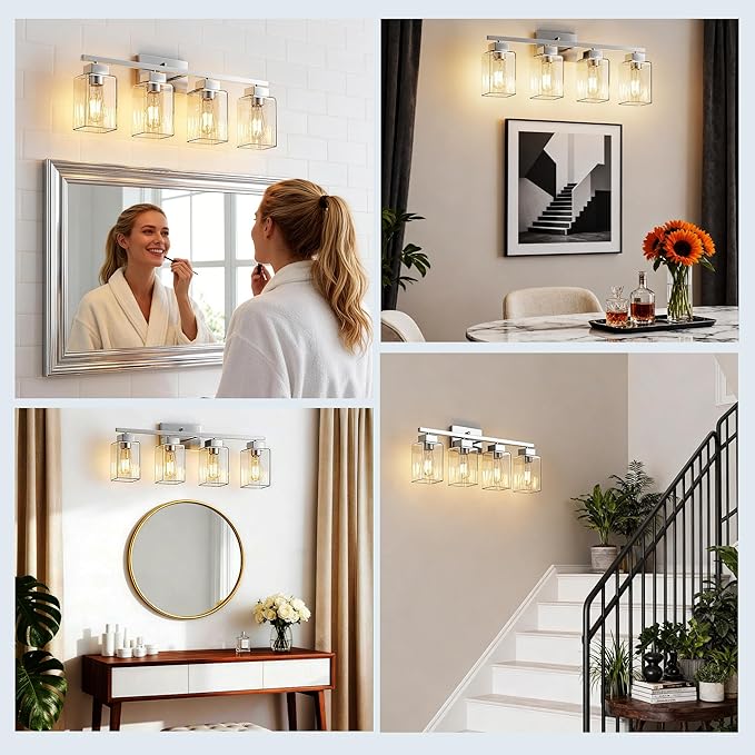 PARTPHONER 4-Light Bathroom Light Fixtures, Brushed Nickel Modern Vanity Lights, Bathroom Lighting Fixtures Over Mirror, Square Design Farmhouse Wall Sconces with Clear Glass Shades