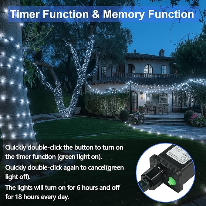 Extra-Long String Lights Outdoor Indoor, 300 LED Super Bright Christmas Lights Clear Wire, Waterproof 13 Modes Plug in Twinkle Fairy Light for Bedroom Party Wedding Garden Christmas (Cool White)