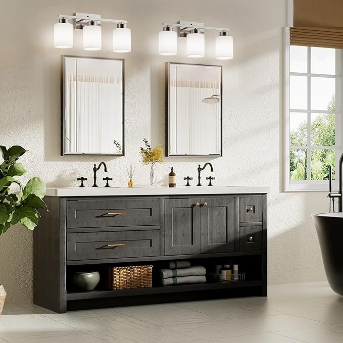 PARTPHONER 3-Light Brushed Nickel Bathroom Light Fixtures, Modern Vanity Light Over Mirror Lighting, Wall Sconce with Frosted Milky White Glass Shades for Bedroom Living Room Kitchen Hallway