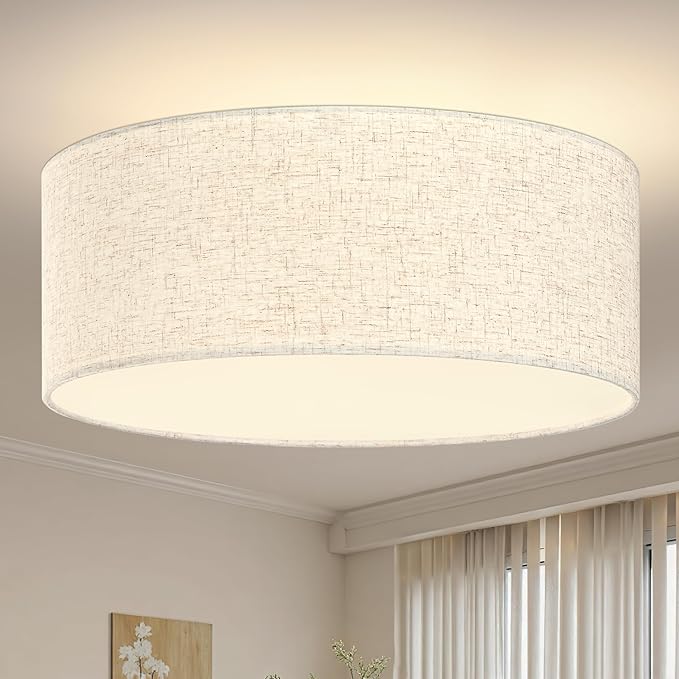 15.7 Inch Flush Mount Ceiling Light Gold Close to Lights Fixture with Fabric Shade 3-Light Drum Modern Lights for Dining Room Bedroom Hallway