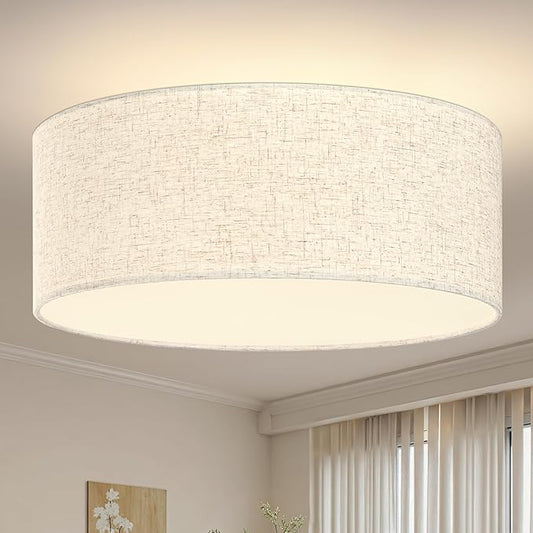 15.7 Inch Flush Mount Ceiling Light Gold Close to Lights Fixture with Fabric Shade 3-Light Drum Modern Lights for Dining Room Bedroom Hallway