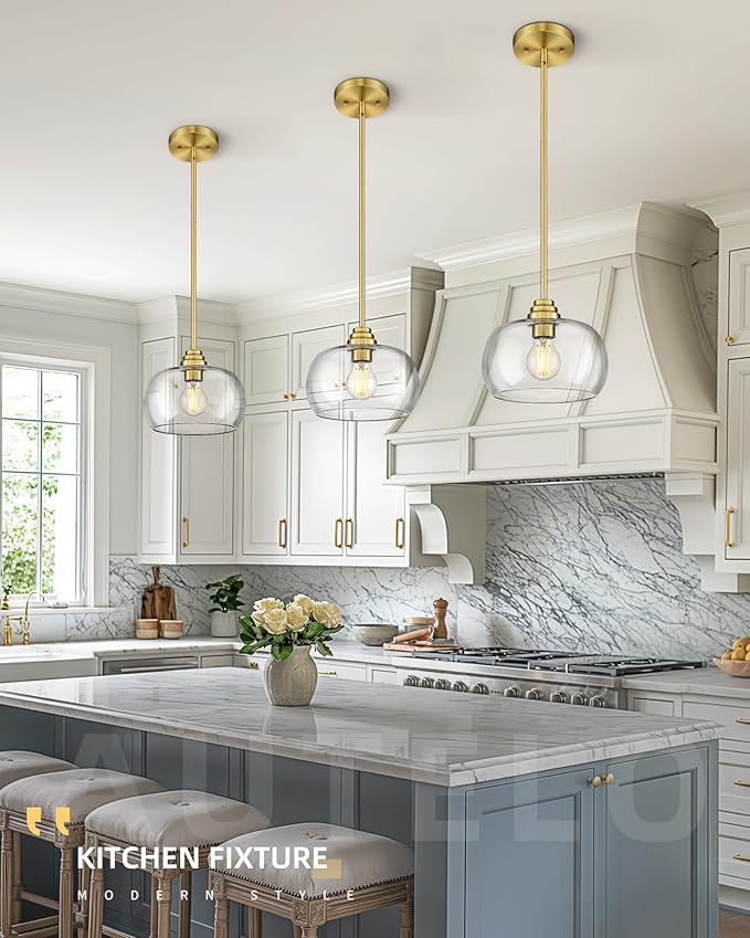 AUTELO 2 Pack Gold Pendant Lights, Glass Pendant Lights Kitchen Island with Clear Drum Glass, Industrial Pendant Ceiling Lights with Adjustable Rods for Kitchen Dining Room Bar, H9385 BG-R-2PK