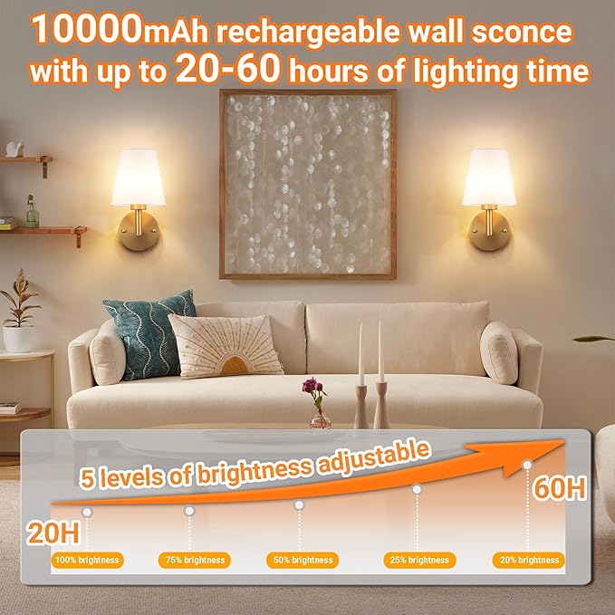 Nekhung Battery Operated Wall Sconces Set of 2, Wireless Wall Light with 10000mAh RGB Dimmable Magnetic Bulb, Rechargeable Wall Sconce with Remote Control for Bedroom Living Room