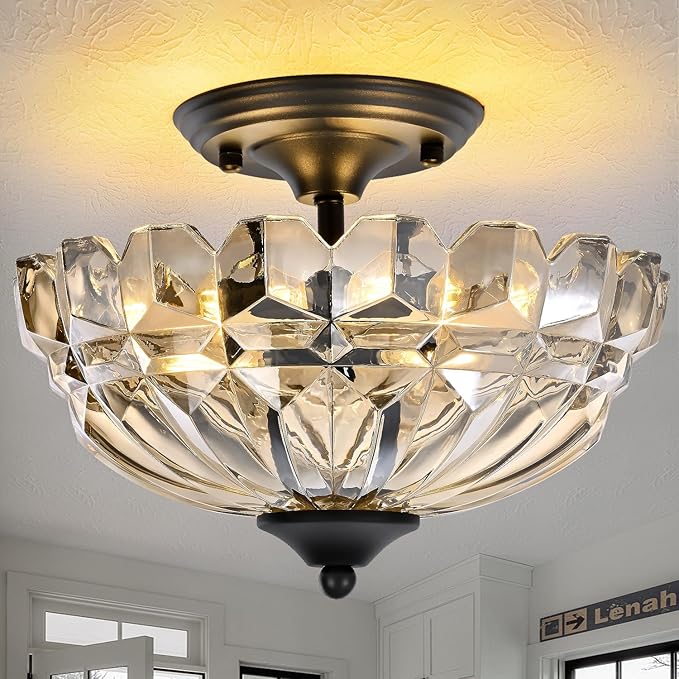 Semi Flush Mount Ceiling Light, 3-Light Kitchen Ceiling Lighting Fixtures with Cognac Glass Lampshade, Gold Modern Chandelier for Living Room Bedroom Hallway