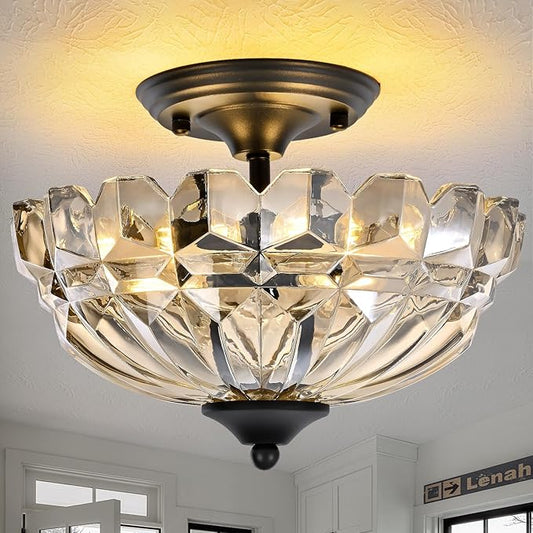 Semi Flush Mount Ceiling Light, 3-Light Kitchen Ceiling Lighting Fixtures with Cognac Glass Lampshade, Gold Modern Chandelier for Living Room Bedroom Hallway