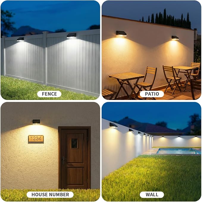 NIORSUN Solar Fence Lights 8 Pack, Outdoor Solar Lights with 3 Color Temperatures, IP65 Waterproof Wide-Angle LED Lighting for Fence, Patio, Yard, Deck, Wall, Garden (Black)