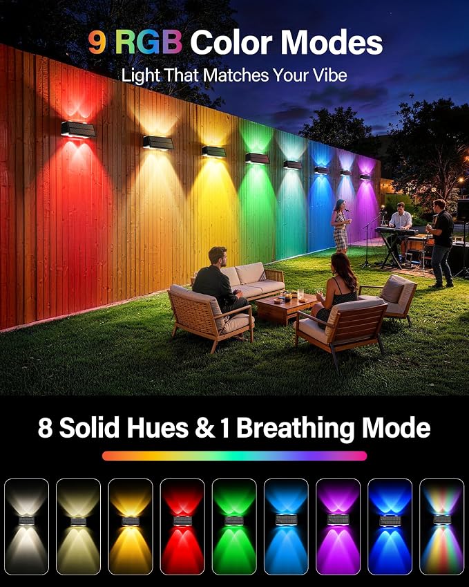 Solar Fence Lights Outdoor, 100LM Fence Lights Solar Powered Waterproof, 9 Color Modes, Up & Down LED Focused Beam, 12H Dusk to Dawn Glow for Pool/Patio/Wall/Backyard - 6 Pack, Black