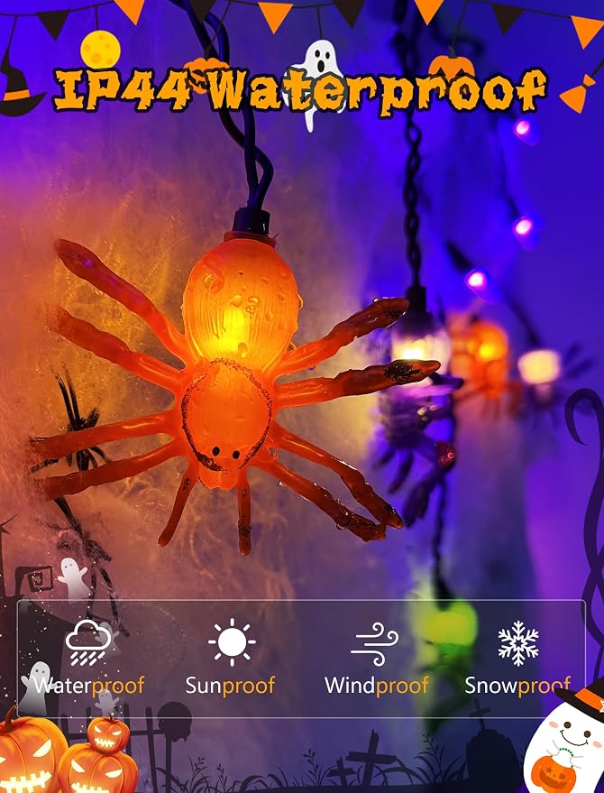 Halloween Spider String Lights Outdoor, 25 Mini Curtain String Lights with 10 Colorful Spider Lights, 7.5Ft Summerween Decoration Light for Window Patio Stair Halloween Decor