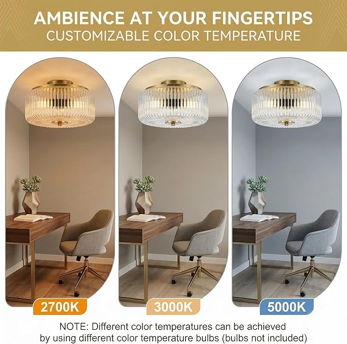 3-Light Flush Mount Ceiling Light, 11.8" Gold Ceiling Light Fixture with Ribbed Clear Glass Shade, Modern Drum Close to Ceiling Lamp with Closed Bottom for Bedroom Hallway Kitchen Entryway