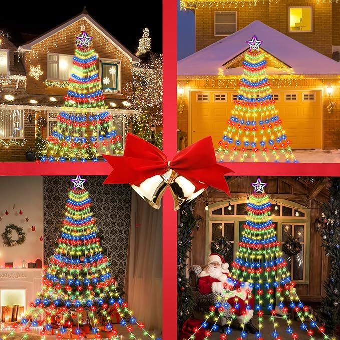 Christmas Decorations Star Lights Outdoor, 11.48ft 350 LED Waterfall Tree Lights with 8 Modes Timer Remote Christmas Lights Plug in for Indoor Yard Patio Home Holiday Party Decor, Multi-Color