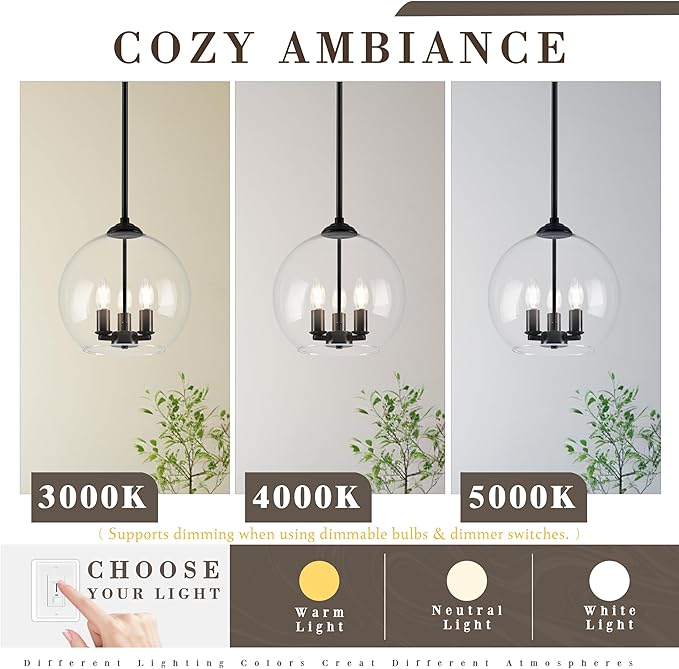 12" Globe Pendant Lights Kitchen Island 2 Pack Glass Globe Pendant Light Fixture Bedroom Mid Century Modern Pendant Lighting Black Pendant Light for Kitchen Island (Bulb Incl.)