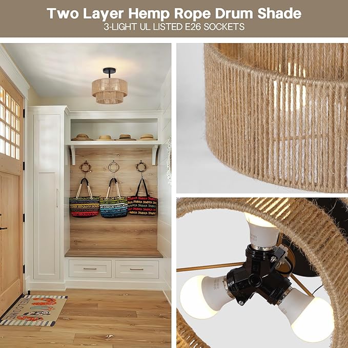 12.6'' Boho Light Fixtures Ceiling Mount, Coastal Hemp rope Semi Flush Mount Ceiling Light Fixture,3-Light Rustic Rattan Ceiling Light With 2-Tier Drum Shade, Nursery Light Fixture Bedroom Chandelier