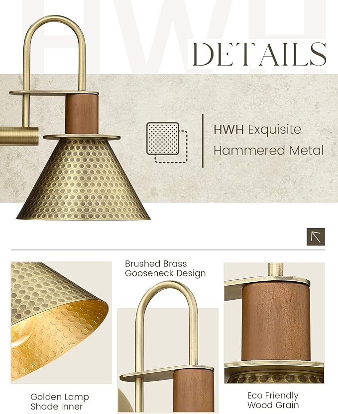 Brass Wall Sconces Set of Two, HWH Industrial Wall Light Fixtures Gold Barn Light, Single Wall Lamp for Bedroom Bedside Bathroom Kitchen, Hammered Metal Shade, Antique Brass, 5HZG74B-2 BG