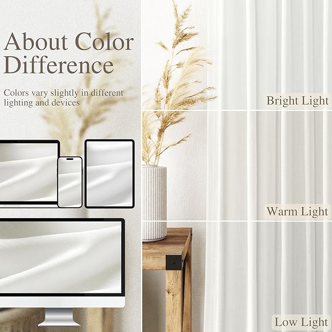 Ivory Linen Curtains 90 Inches Long for Living Room Back Tab Rod Pocket Semi Sheer Light Filtering Neutral Solid Drapes Modern Rustic Farmhouse Decor Curtains for Dining Room 2 Panels Set 40x90