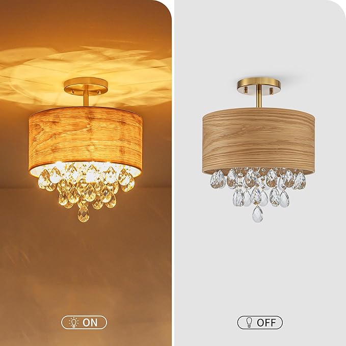 3-Light Drum Wood & K9 Crystal Ceiling Lights, Farmhouse Style Semi-Flushmount Light Fixture for Dining Room, Living Room & Bedroom, D12 * H14 inch, Solid Wood Lampshade & Gold Finish