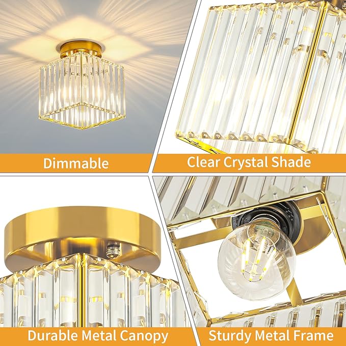2-Pack Crystal Ceiling Light Fixture Modern Square Semi Flush Mount Ceiling Light Gold Hallway Light Fixtures Chandelier for Kitchen Entryway Bedroom Bathroom Laundry Foyer, 7.24Inch