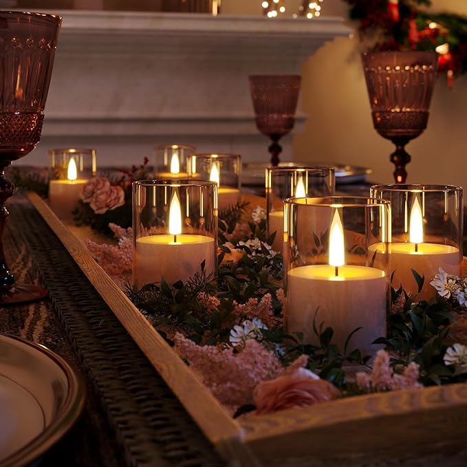 VIODAIM 6Pack Flickering Flameless LED Candles with Remote & Timer, Battery Powered - Small Pillar & Votive, Clear (2"X3")