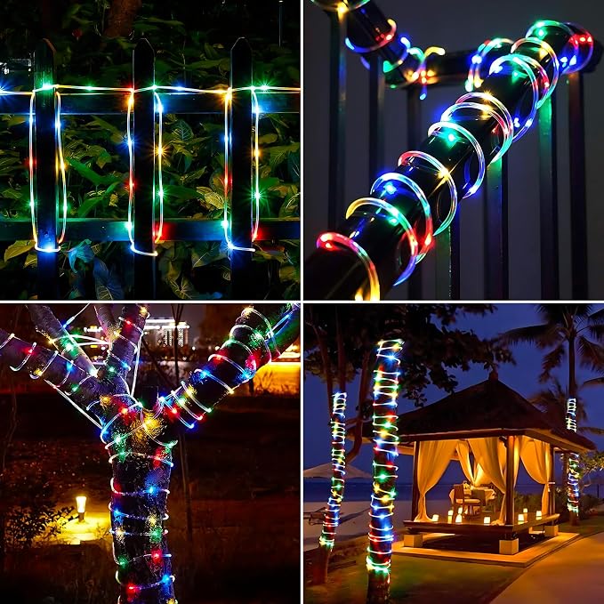 Solar Rope Lights, 33ft 100LED Solar String Lights, 8 Modes Waterproof Solar Outdoor Light, Flexible Clear Trampoline Light for Garden Backyard Patio Deck Porch, Pool Tree Decoration - Multicolor