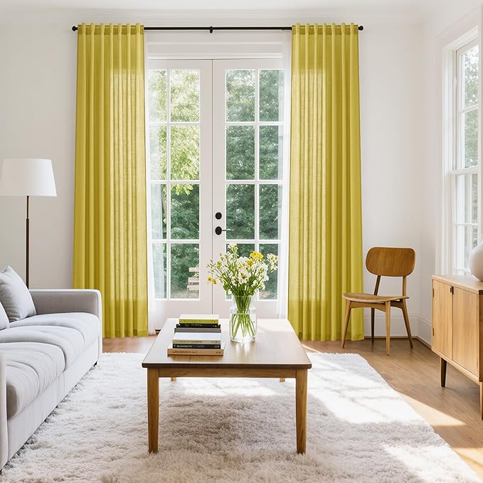 Nanspring Celery Yellow Curtains 120 Inches Long 2 Panels Set Back Tab Loop Pocket Linen Blend Light Filtering Semi Sheer Boho Decor Curtain for High Ceiling Living Room Drapes 52x120