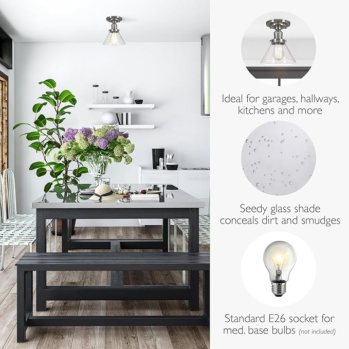 Design House Augustin Ceiling Light, 1-Light, Semi-Flush, Seeded Glass Glow, Dimmable, E26 Socket, Durable Metal Frame, Satin Nickel, 7.9 in L x x 7.9 in W x 9.1 in H, 589069-SN