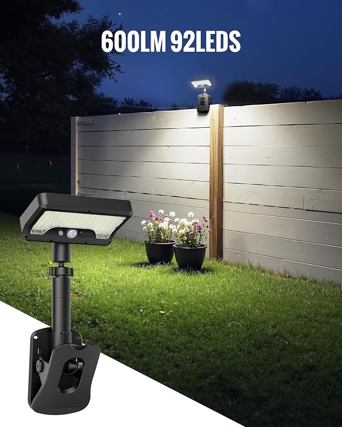 Clip On Solar Lights Outdoor, 3 Modes Motion Sensor Security Light 2 Pack | 92 LED 500LM with Type-C Charging, Waterproof, Chain Link Fence Lights for Deck, Railing, Garden, Gutter, Mailbox, Camping