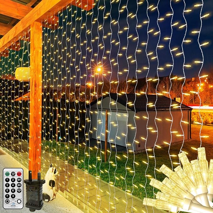 THKFUL Fairy Curtain Lights,20 x6.6FT 408LED Warm White Curtain String Lights Plug in,Backdrop Hanging Fairy Lights Connectable,Waterproof Remote for Bedroom Balcony Garden