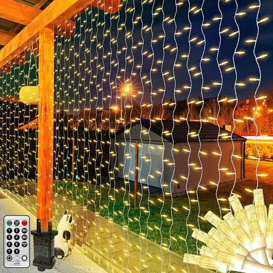 THKFUL Fairy Curtain Lights,20 x6.6FT 408LED Warm White Curtain String Lights Plug in,Backdrop Hanging Fairy Lights Connectable,Waterproof Remote for Bedroom Balcony Garden