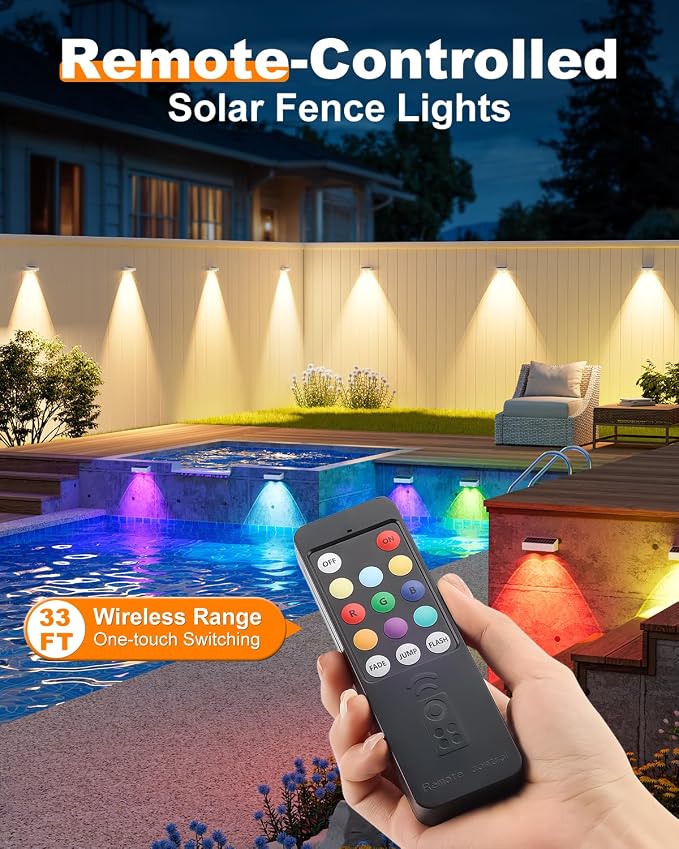 VOLISUN Solar Fence Lights with Remote Control, 50 Lumen LED Fence Lights Solar Powered, IP65 Waterproof, 10 RGB Color Long-Lasting Solar Lights for Backyard Garden Deck Patio Railing (16 Pack)