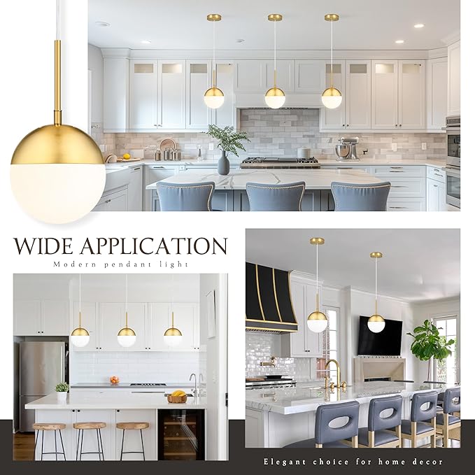 6 Inch Gold 2 Pack Mid Century Modern Pendant Light Pendants for Kitchen Island Frosted Milky White Glass Globe Height-Adjustable Modern Hanging Globe Pendant Light for Bedroom (Bulb Incl)