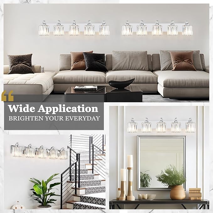 5-Light Modern Bathroom Light Fixture Chrome Vanity Lights Over Mirror Wall Sconce Lighting with K9 Crystal Shades Bathroom Wall Lamp E26 Base for Bedroom, Living Room, Hallway