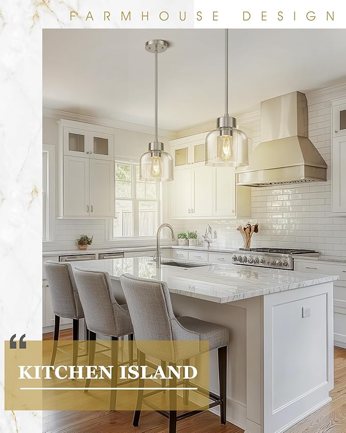 Pendant Lights Kitchen Island, 7" Brushed Nickel Hanging Lights Fixtures with Clear Glass Shade, Modern Kitchen Pendant Lighting Over Island for Dining Room, AD-24024-1P-SN