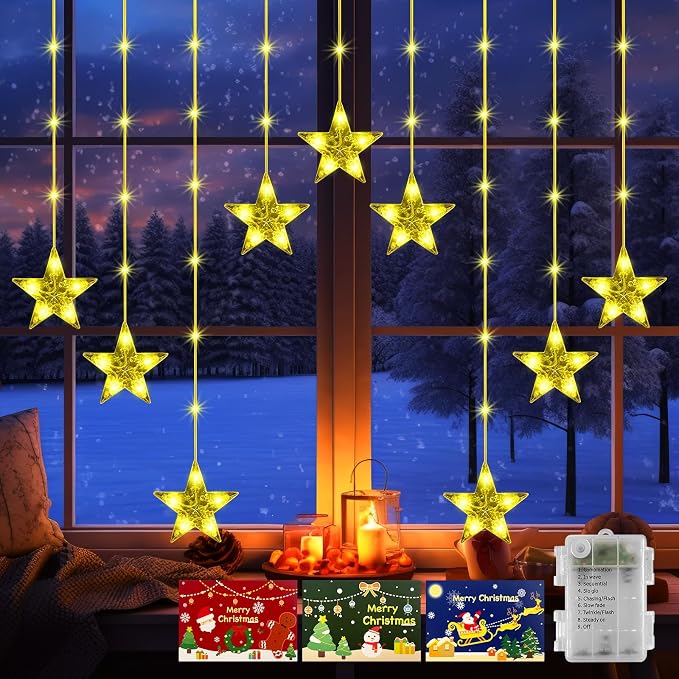 GLOONITY Fairy Lights for Festive Decoration, LED String Lights, IP65 Waterproof 9 Stars Curtain Lights Battery Operated with Timer 8 Mode, Warm White LED Lamps for Outdoor Use