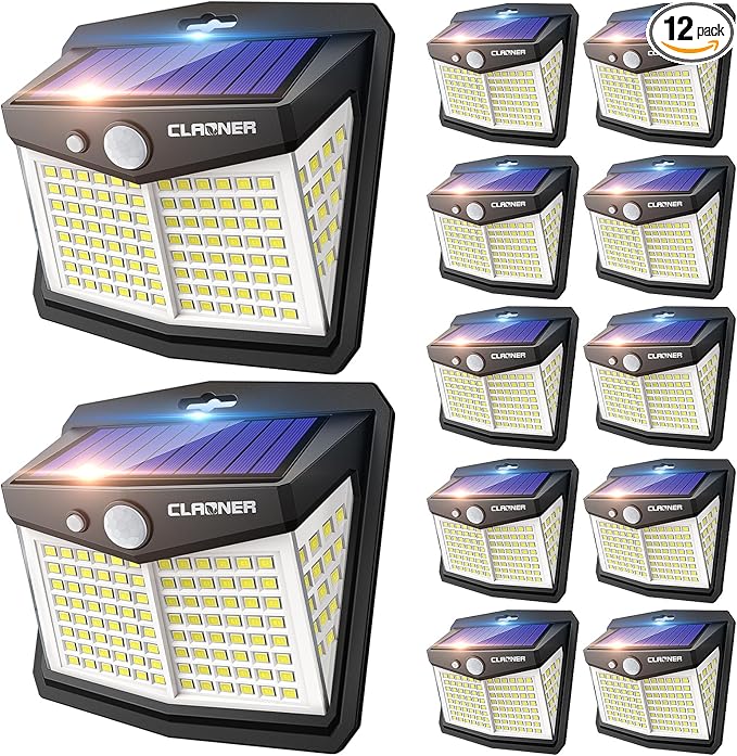 CLAONER Solar Motion Sensor Lights Outdoor, 12 Pack Solar Fence Lights IP65 Waterproof, Bright 128 LED Security Flood Lights with 270°Wide Angle, 3 Lighting Modes Motion Light for Outside Yard