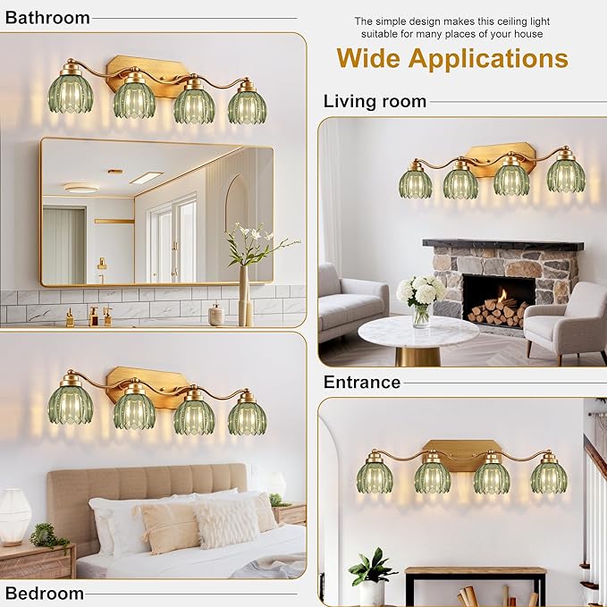 VbiTmn Gold Bathroom Light Fixtures, 4 Light Vintage Vanity Lights, Antique Brass Brushed Gold Finish, Crystal Green Glass Shade, Mid Century Wall Sconces for Bedroom, Living Room, Hallway