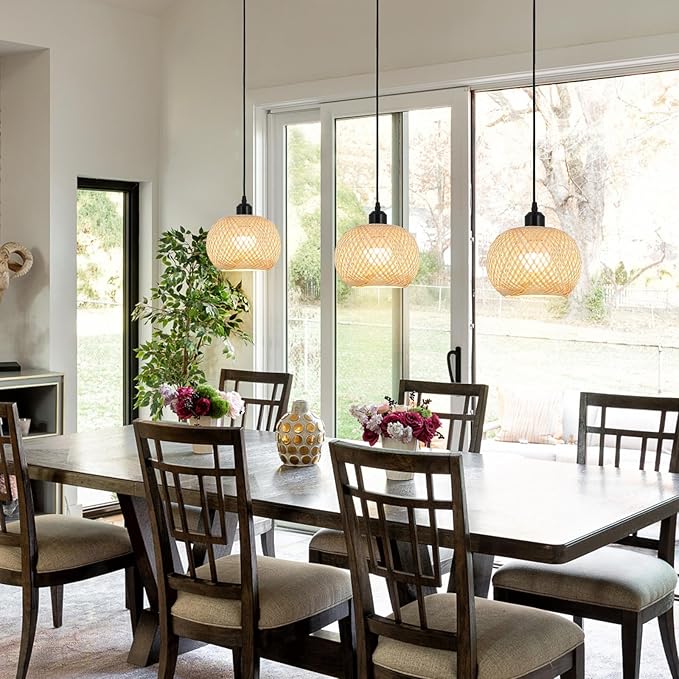 Boho Pendant Light Battery Operated,Rechargeable Woven Pendant Light with Remote,Rattan Pendant Light Fixtures for Kitchen Island,Wicker Hanging Lights for Dining Room Bedroom Hallway Entryway.