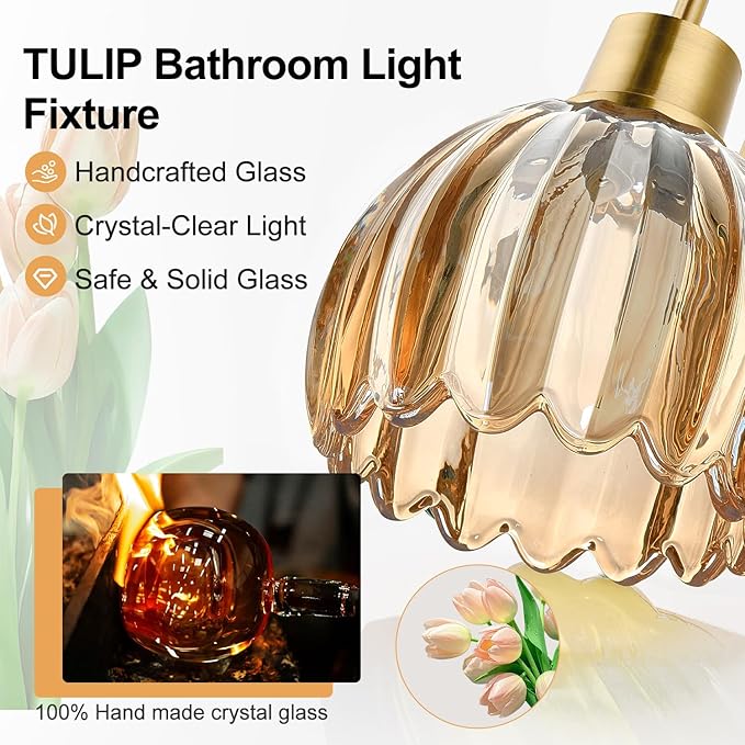 4-Light Bathroom Light Fixtures, 27" Brushed Gold Vanity Lights for Bathroom with Ribbed Amber Tulip Glass Shade, Vintage Bathroom Vanity Lighting Fixtures Over Mirror for Bedroom Living Room Hallway