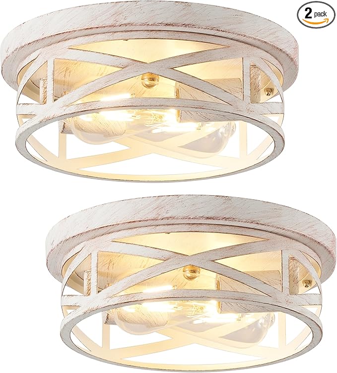 2-Pack Cage Flush Mount Ceiling Light Fixtures, Indoor Modern Close to Ceiling Mount Lights, White and Gold, E26 Base House Lights for Kitchen Bedroom Living Room