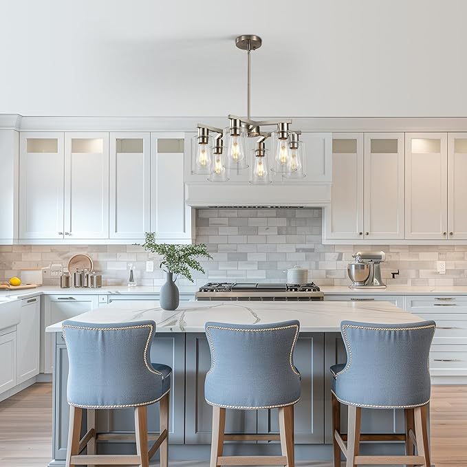 6-Light Farmhouse Brushed Nickel Chandelier,Modern Chandeliers for Dining Room Light Fixture Over Table,Adjustable Hanging Industrial Rustic Pendant Lights for Kitchen Island with Clear Glass Shade