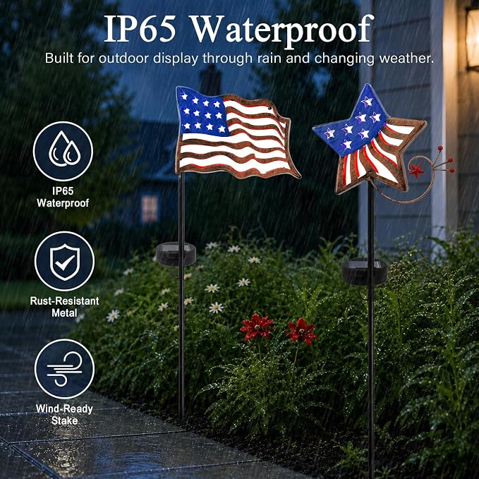 4th of July Decorations Outdoor Solar Lights, Metal American Flag Lights Patriotic Barn Stars Decorative Garden Stakes Light for Independence Day, Memorial Day Veterans Day Yard Path Lawn Decor