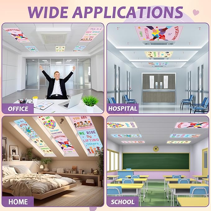 8Pcs Inspirational Fluorescent Light Covers for Classroom Diversity Ceiling Light 4x2Ft Positive Magnetic Lights Cover Filter Easy Install for Back to School Office Hospital Ceiling Supply (Kindness)