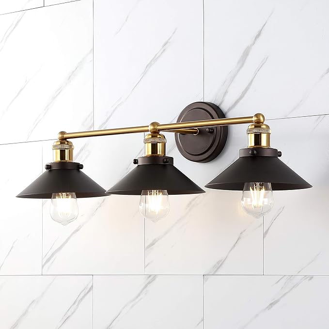 JONATHAN Y 26.5" Oil Rubbed Bronze/Brass Gold 3-Light Industrial Farmhouse Metal Vanity Light Wall Sconce, Metal Shade for Bathroom Mirror, Kitchen, Entryway, LED Bulb Included (JYL7428C)