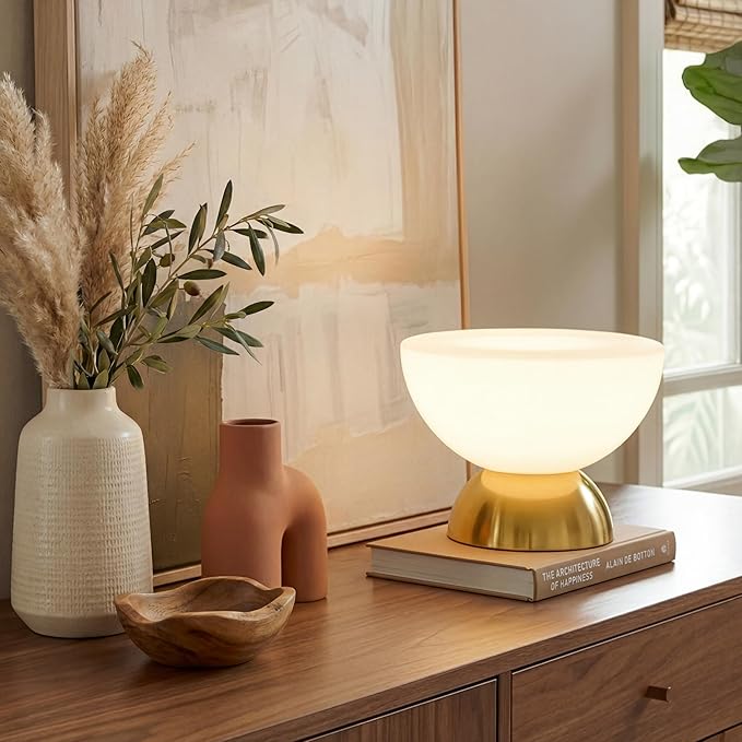 Brightech Lamina LED Table Lamp - Small 10 Inches Modern Bedroom Lamp - Bright Mini Reading Desk Lamp with Dimmable Warm Lighting for Bedside Table, Living Room, Office - Glass Lamp Shade, Gold/Brass