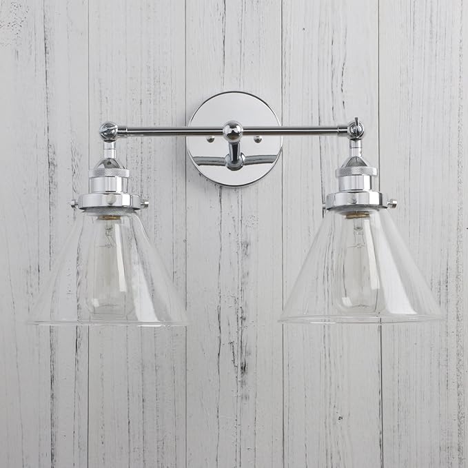 Permo Vintage Industrial Antique 2-Lights Wall Sconces with Dual Funnel Clear Glass Shade (Chrome)