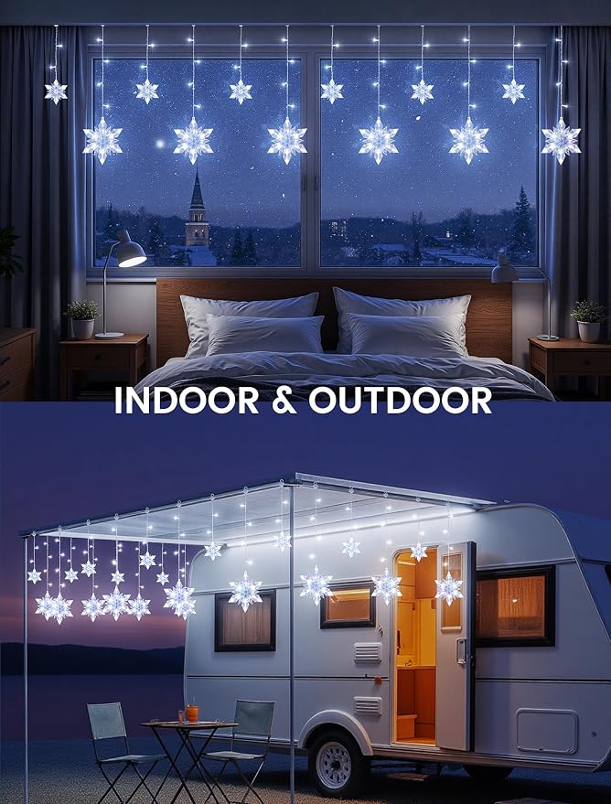 Snowflake Icicle Lights,8.2ft 144LED Curtain Fairy Light with 12 Drops,Connectable 8 Mode Timer Snowflake Christmas Lights Plug in for Bedroom,Window,Wedding,Indoor Outdoor Xmas Decor,White