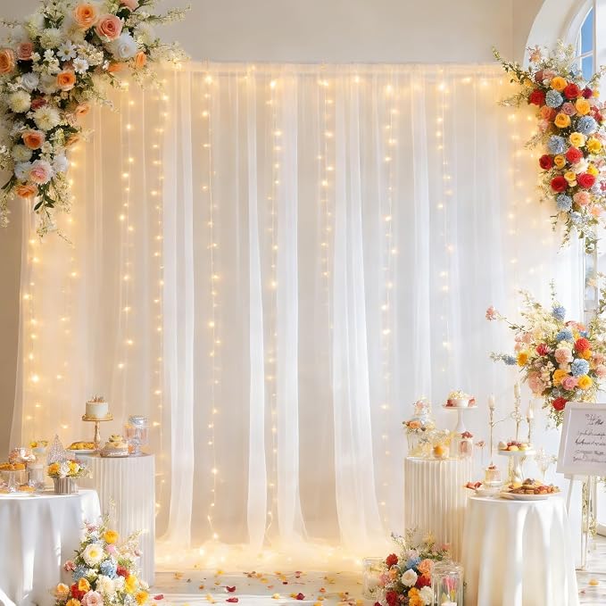 Ivory Tulle Backdrop Curtain with Lights Strings, Elegant Sheer Photo Backdrop Drapes 2 Panels, Soft Fabric Curtain for Weddings Brithday Baby Shower Parties Photography Background Decor,10ftx8ft