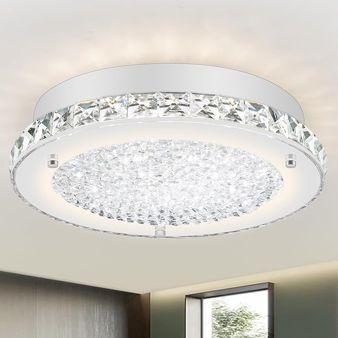 Crystal Ceiling Light Fixture 11" LED Crystal Bathroom Ceiling Light Fixtures Semi Flush Mount for Kitchen, Entryway, Foyer, Bathroom, Laundry Room, Cloakroom, Hallway 4000K (Dimmable)