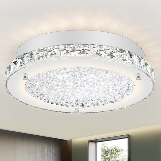 Crystal Ceiling Light Fixture 11" LED Crystal Bathroom Ceiling Light Fixtures Semi Flush Mount for Kitchen, Entryway, Foyer, Bathroom, Laundry Room, Cloakroom, Hallway 4000K (Dimmable)