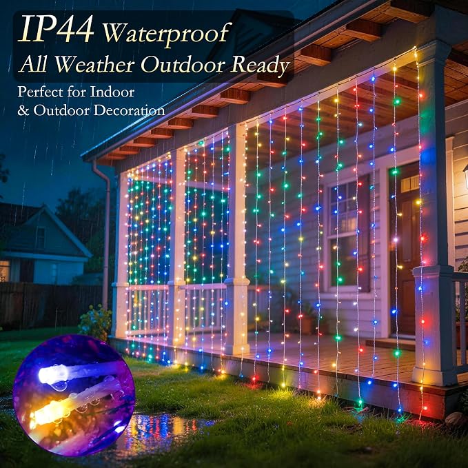 Curtain String Lights Indoor, 300LED 9.8 * 9.8FT USB Plug-in Window Curtain Lights with Timer and 8 Modes, Waterproof Multicolor Curtain Fairy Lights for Bedroom Room Wedding Outdoor Decor