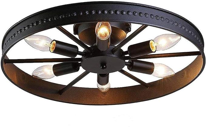 6-Lights Rustic Metal Ceiling Light Fixture Black Round Industrial Living Room Light Semi-Flush Mount Farmhouse Chandelier for Kitchen Island Dining Room Entryway Bedroom Hallway